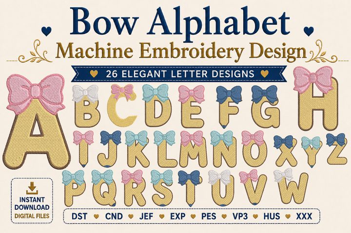 Bow Alphabet Machine Embroidery Design