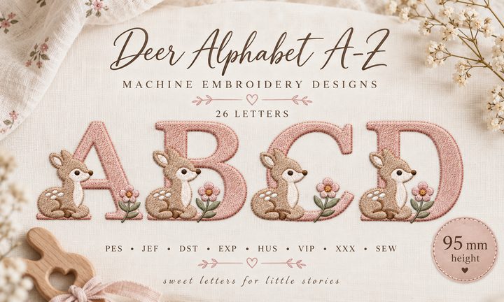 Deer Alphabet a-Z Embroidery 95mm