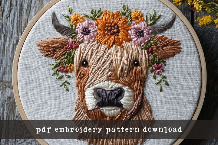Floral Highland Cow Hand Embroidery
