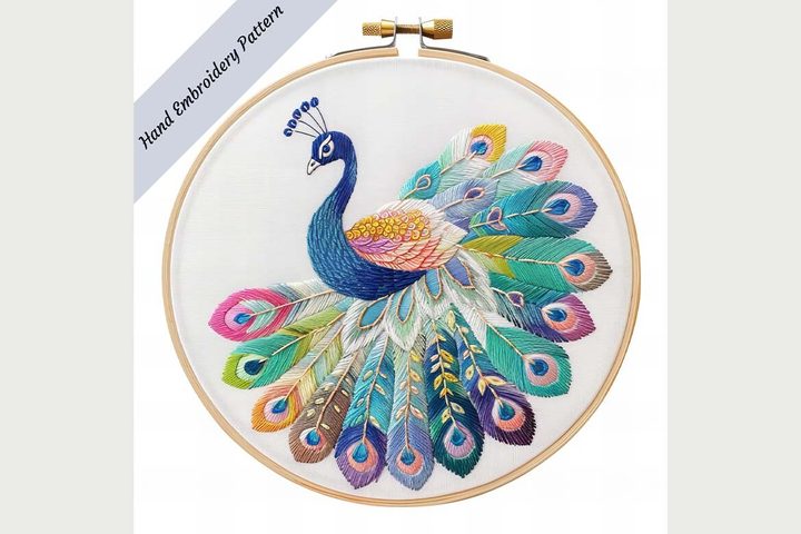 Peacock Hand Embroidery Pattern, Colorin