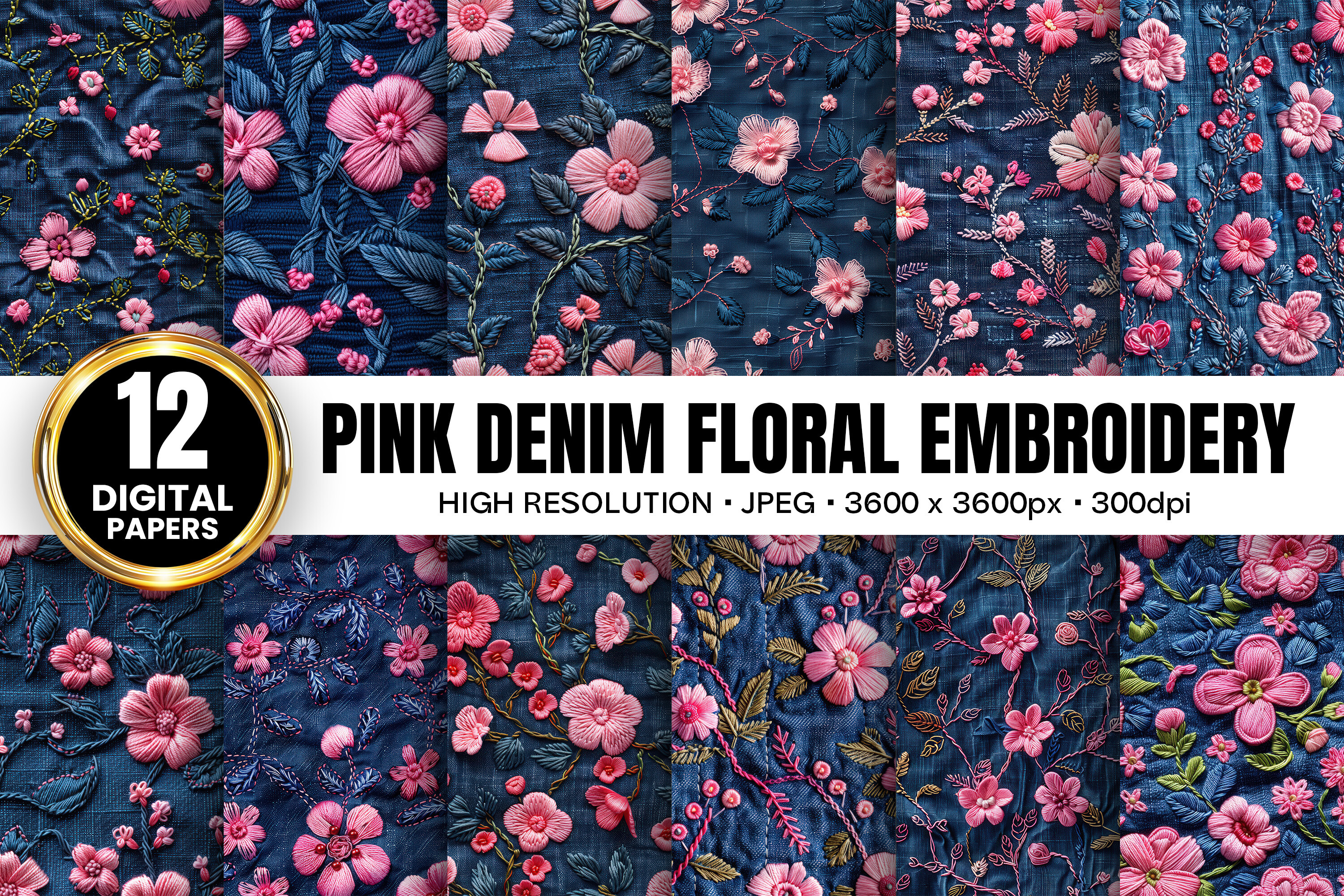 Pink Denim Flowers Embroidery Patterns Graphic by Dreamy Cliparts · Creative Fabrica