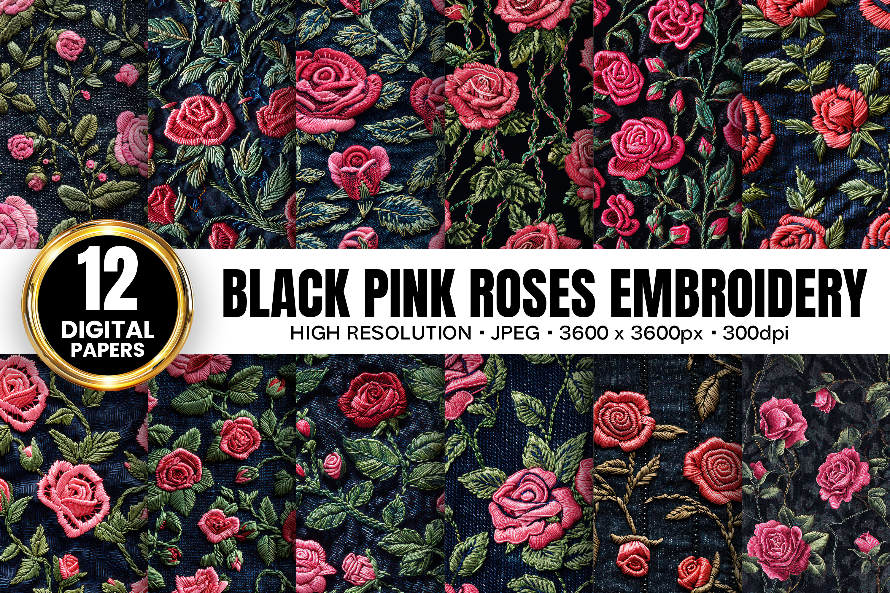 Pink Rose Flowers Embroidery Patterns Graphic by Dreamy Cliparts · Creative Fabrica